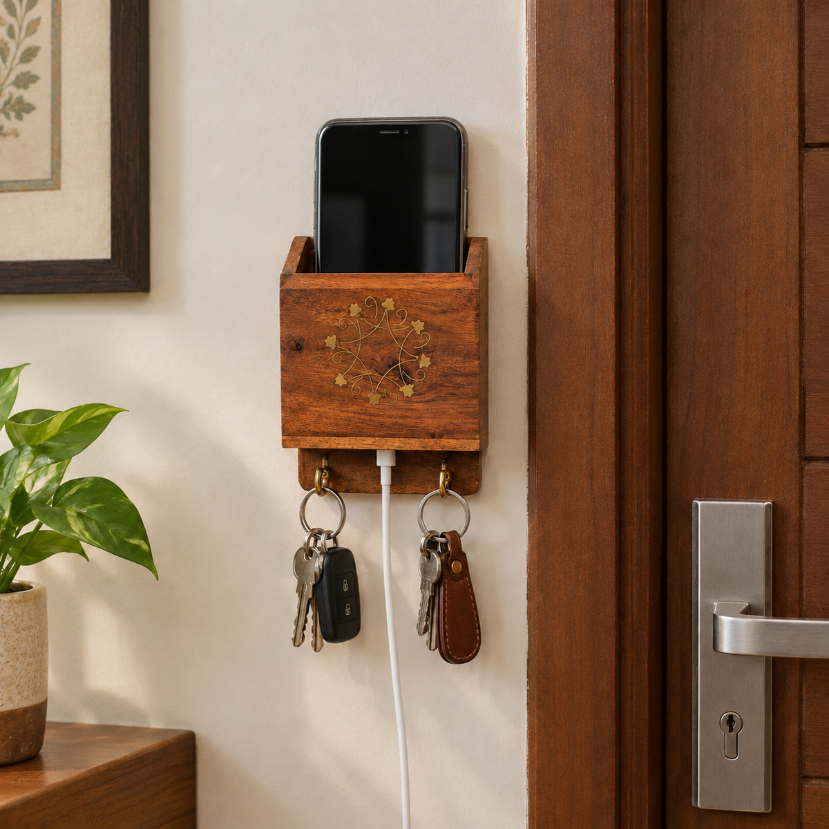 Handcrafted Wooden Mobile Holder with Key Hooks – Floral Brass Design