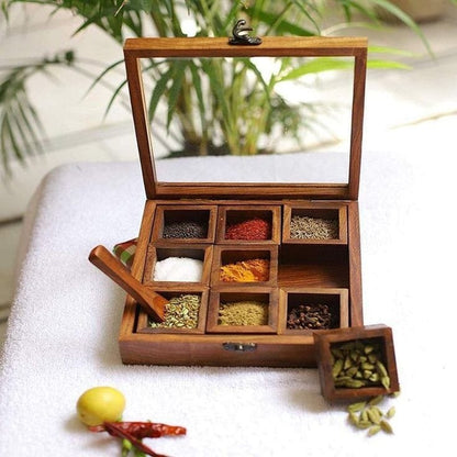 Wooden Spice Box with Transparent Glass Lid on Top Multipurpose  Moveable Containers with Spoon