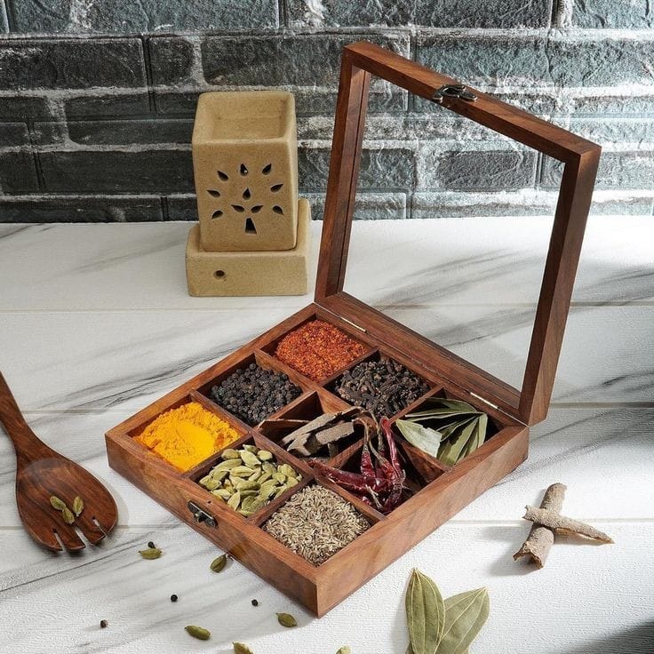 Wooden Spice Box with Transparent Glass Lid on Top Multipurpose  Moveable Containers with Spoon