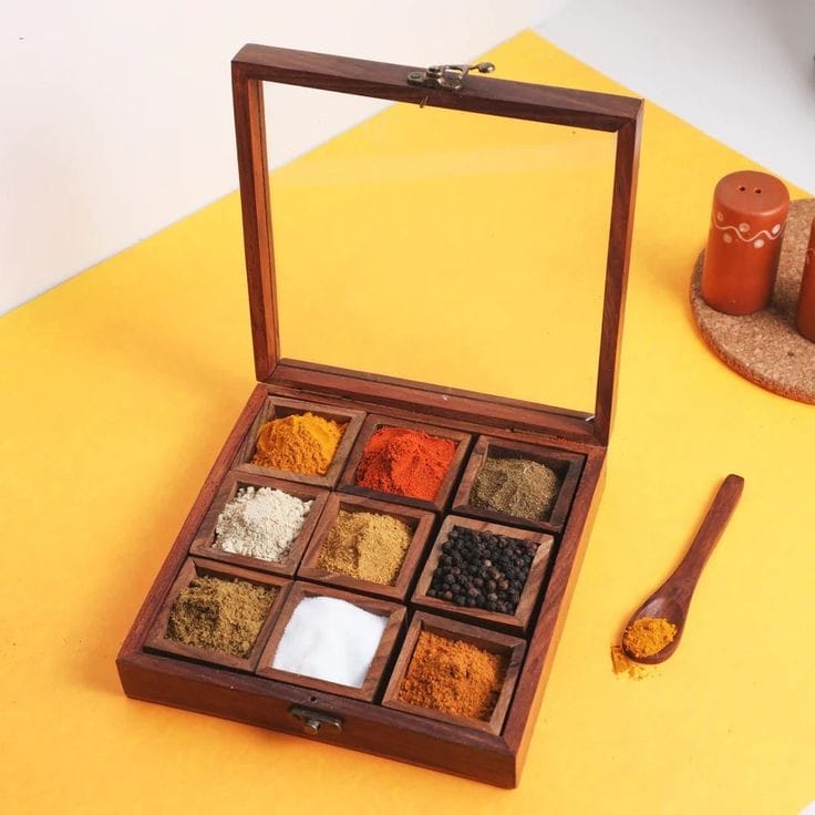 Wooden Spice Box with Transparent Glass Lid on Top Multipurpose  Moveable Containers with Spoon