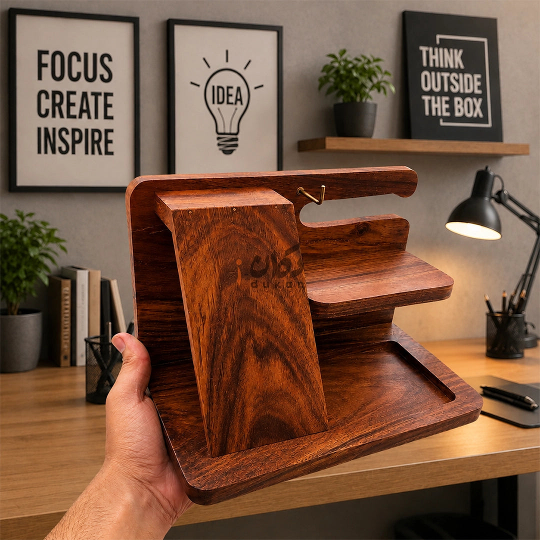 Solid Sheesham Wood Desk Organizer | Phone Docking Stand Watches Key Holder