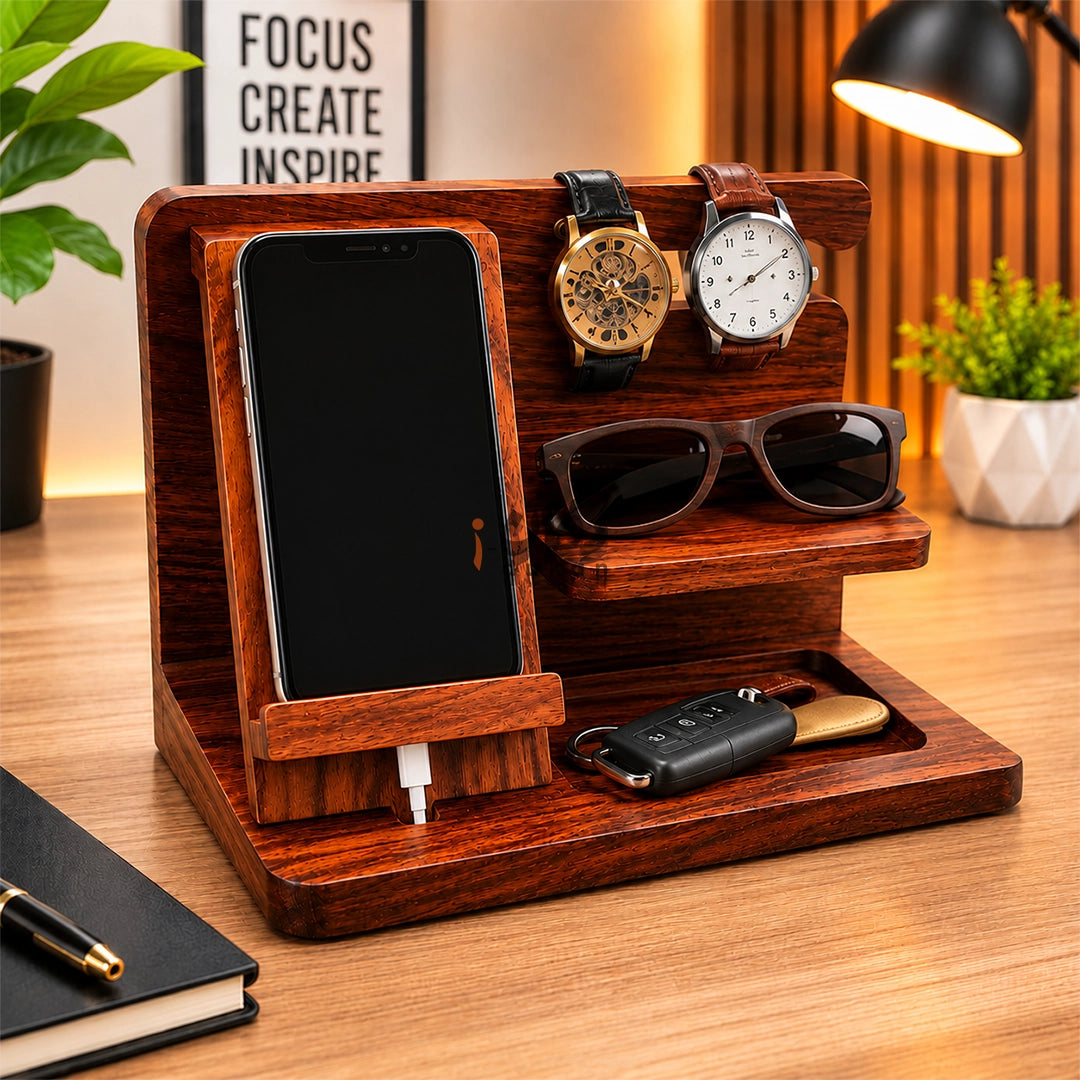 Solid Sheesham Wood Desk Organizer | Phone Docking Stand Watches Key Holder