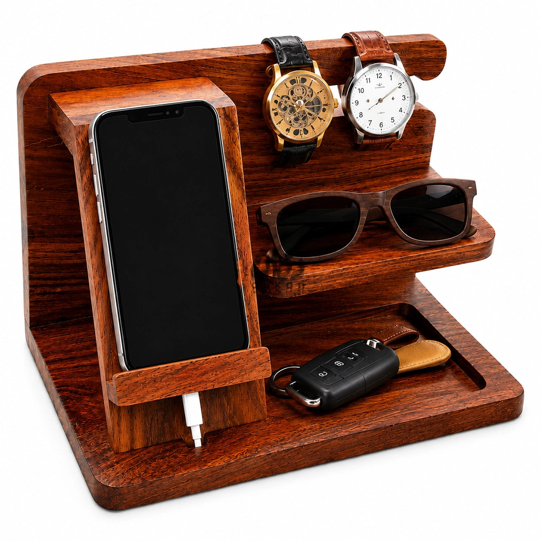 Solid Sheesham Wood Desk Organizer | Phone Docking Stand Watches Key Holder