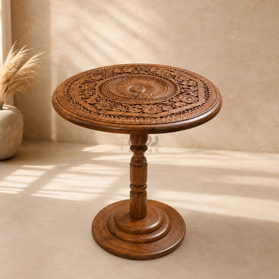 Hand Carving Pure Sheesham Wood Round Coffee Table