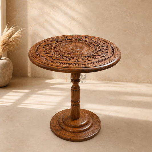 Hand Carving Pure Sheesham Wood Round Coffee Table