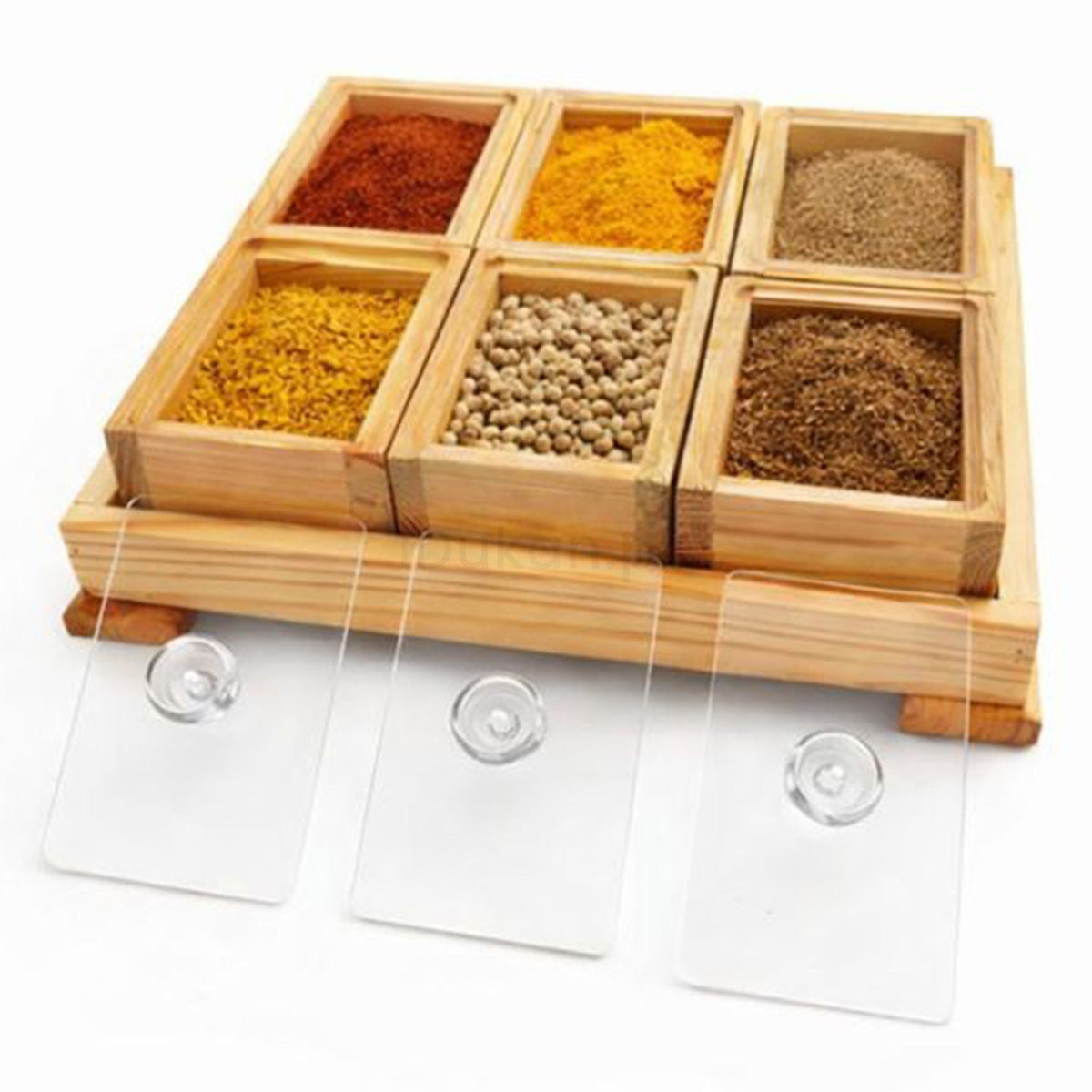 Wooden spice storage box set filled with dry fruits
