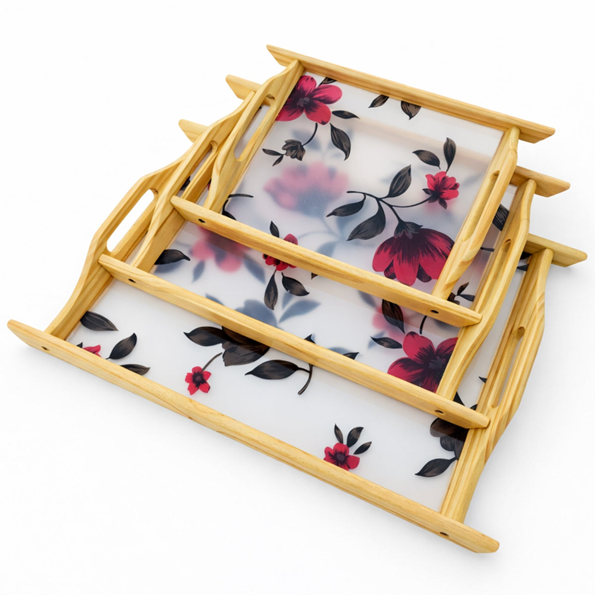 Floral acrylic wooden serving trays stacked