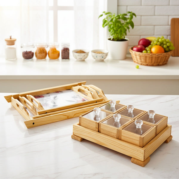 Wooden storage box set with serving trays with floral acrylic base