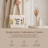 Handcrafted embroidered tote bag features infographic