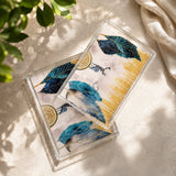 Blue leaf pattern acrylic decorative tray on beige fabric