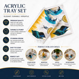 Decorative acrylic tray set features and uses infographic