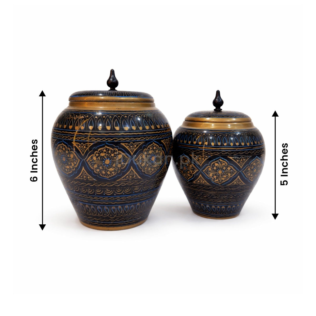 Black naqashi decorative jars with dimensions