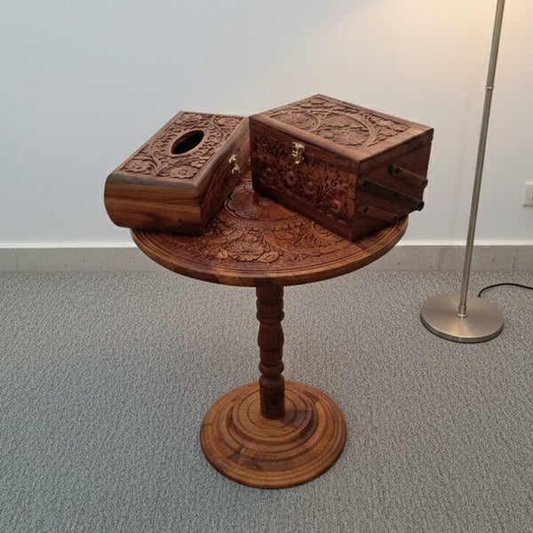 3 in 1 hand carved wooden table, tissue box and jewelry box set