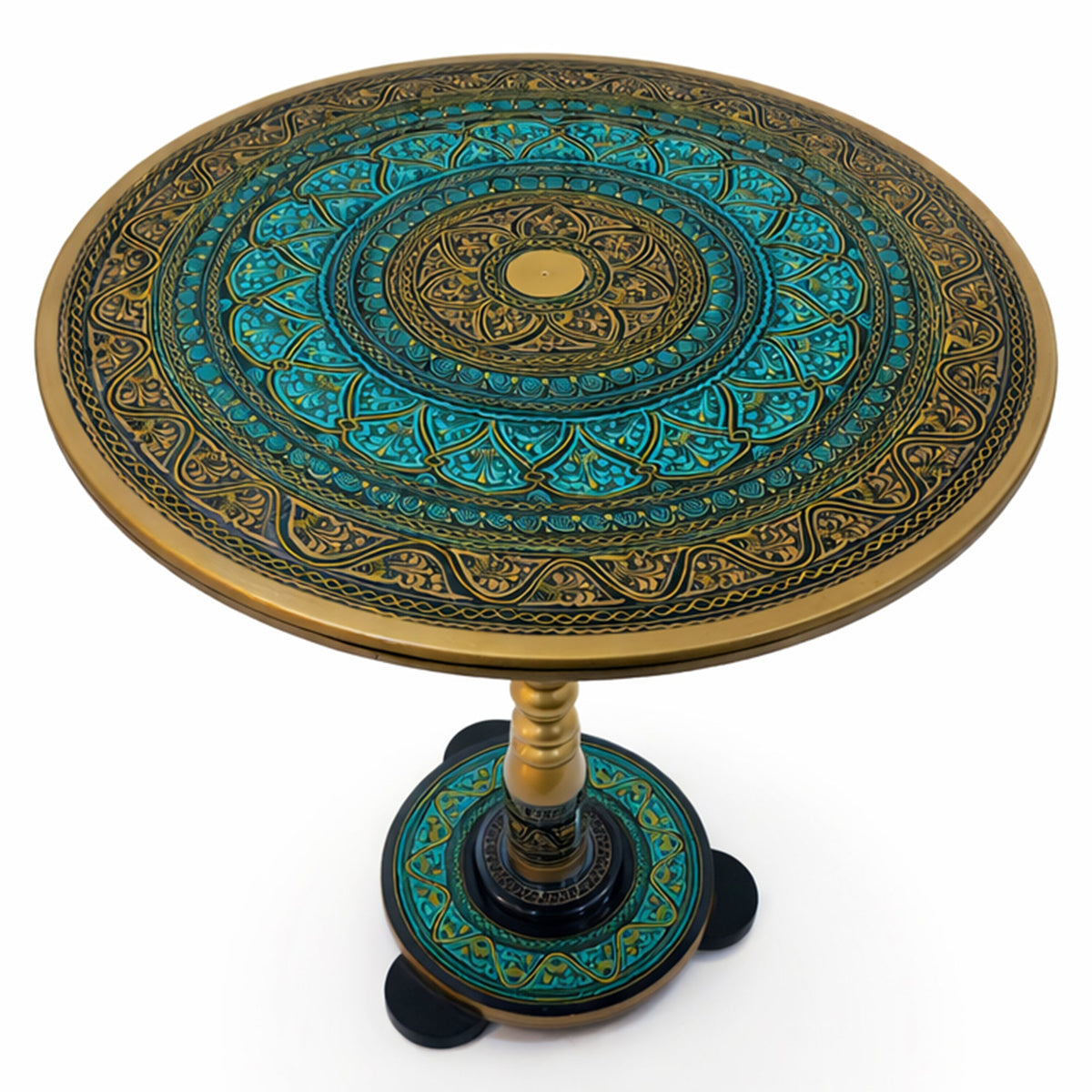 Top view of golden green naqashi art round table top