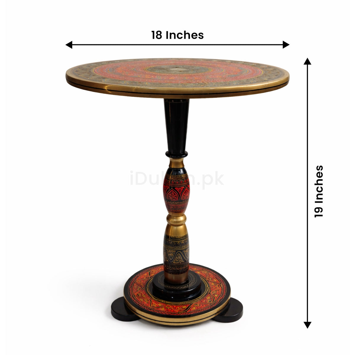 Golden red naqashi art side table with size dimensions