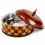 Checkered wooden hotpot open showing stainless steel bowl