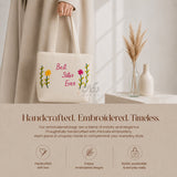 Handcrafted embroidered tote bag features infographic