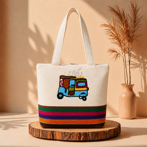 Rickshaw design hand embroidered canvas tote bag with colorful stripes
