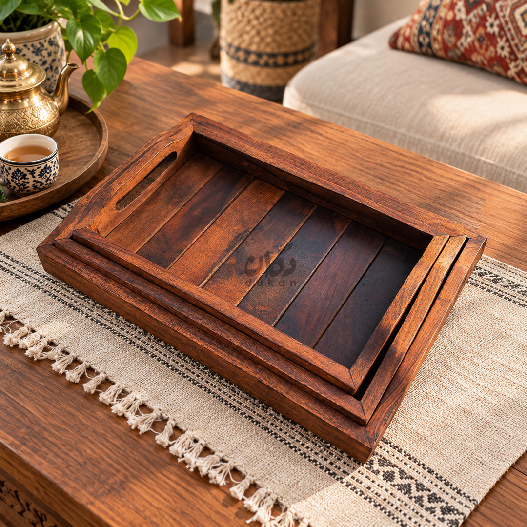 Handmade Sheesham Wood Serving Tray Set of 3 with Handles