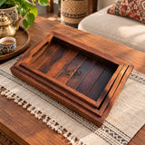 Handmade Sheesham Wood Serving Tray Set of 3 with Handles