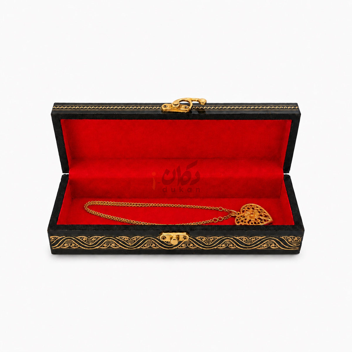 Small Golden black wooden jewelry box open with red velvet interior