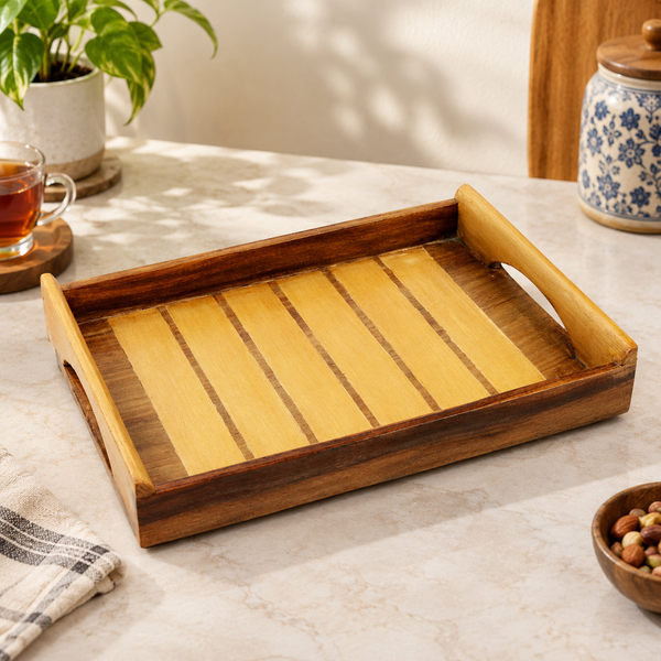 Handmade wooden breakfast tray with coffee and snacks