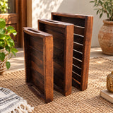 Handmade Sheesham Wood Serving Tray Set of 3 with Handles