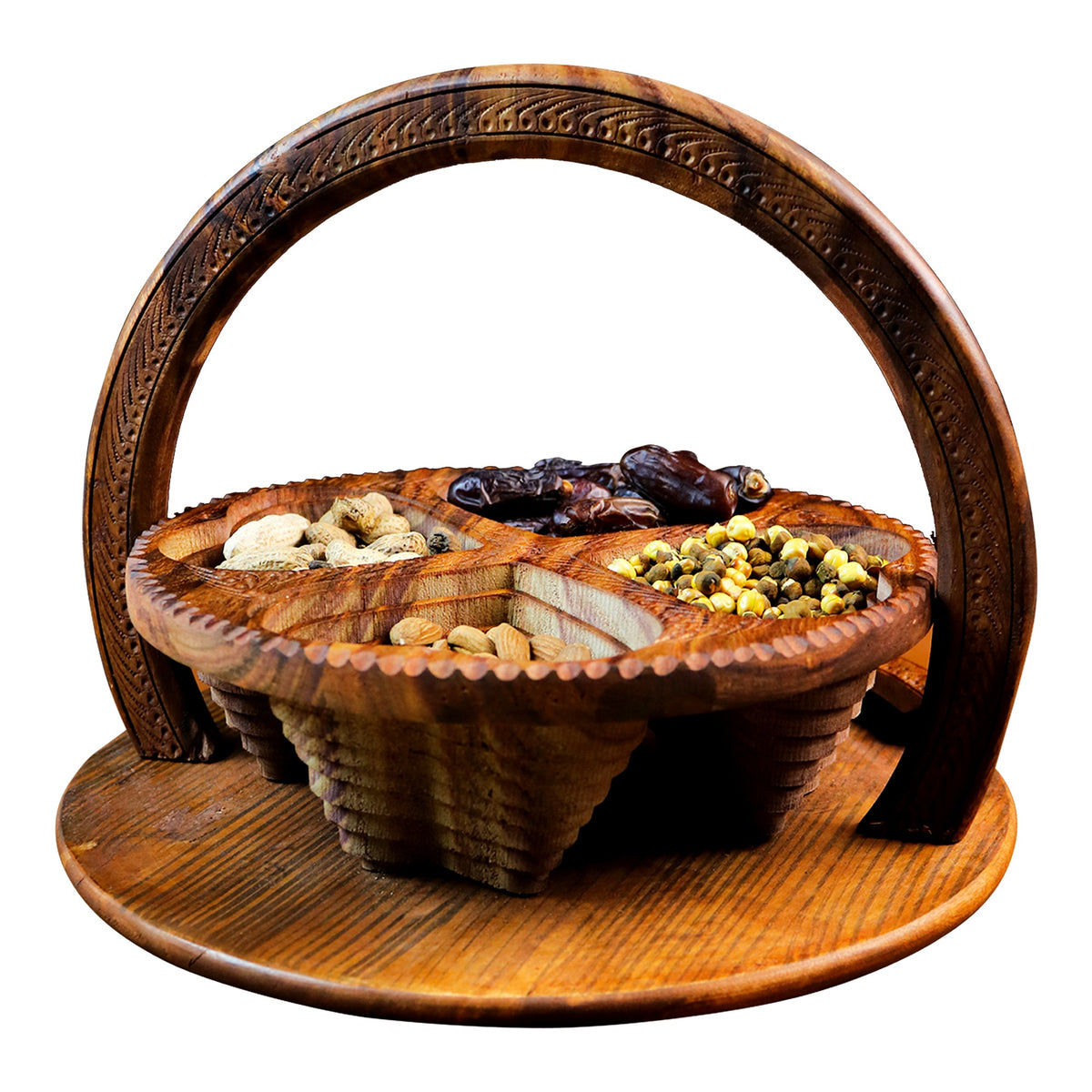 Handcrafted foldable wooden basket with dry fruits