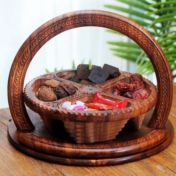 Foldable wooden dry fruit basket filled with nuts