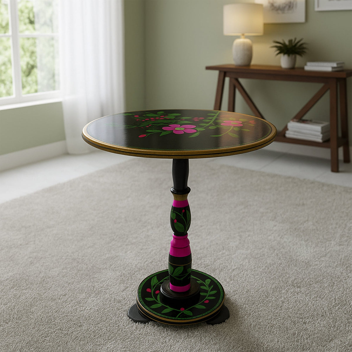 Black floral hand painted side table by sofa