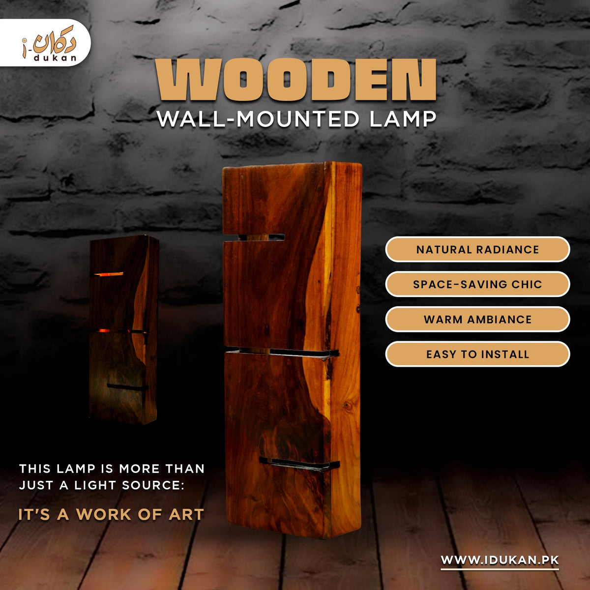 Wooden wall mounted lamp features infographic
