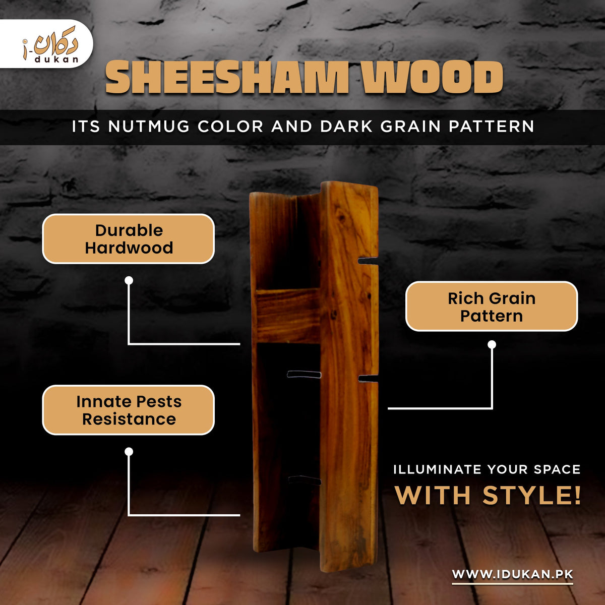 Sheesham wood wall lamp with warm LED light details