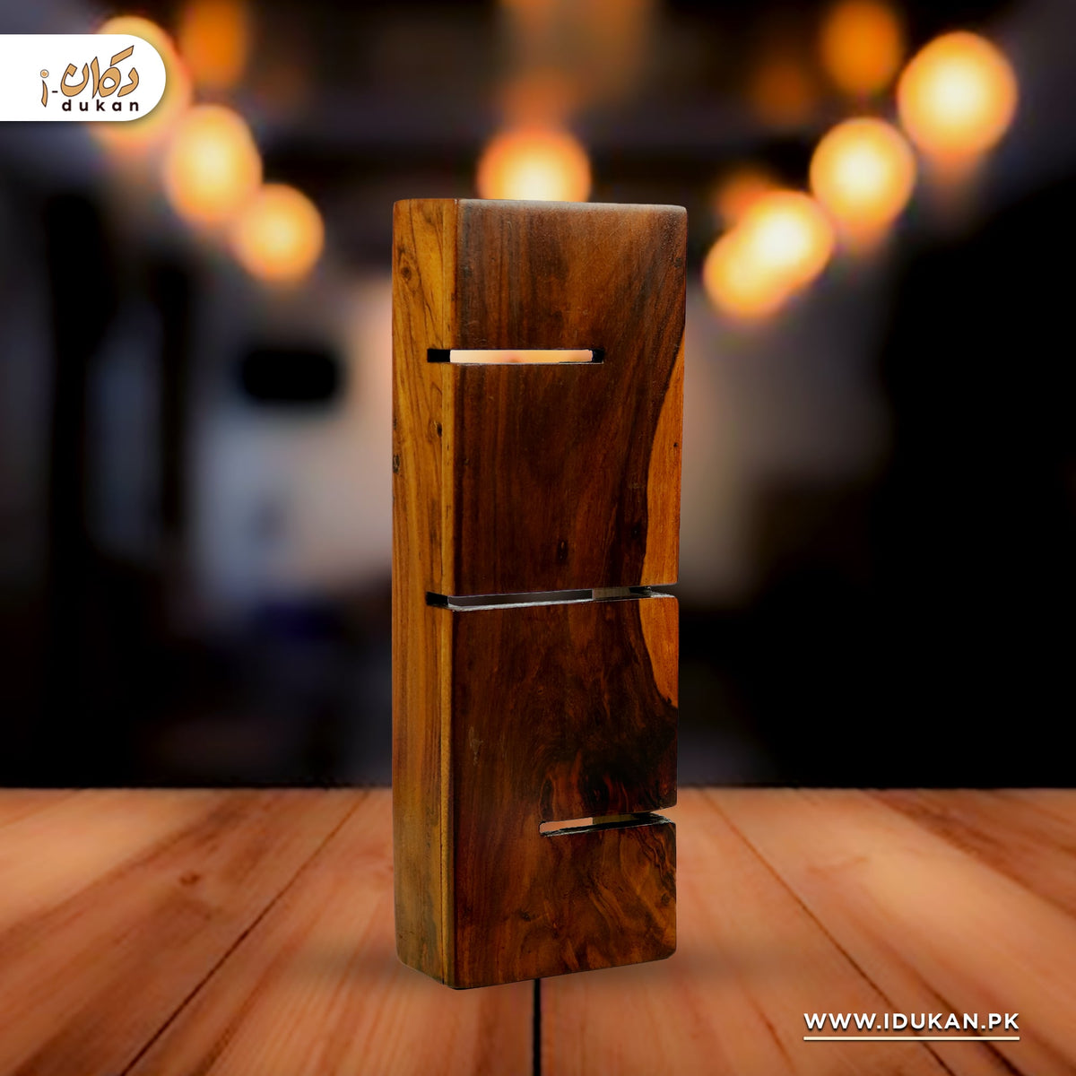 Indoor wooden LED wall lamp glowing at night