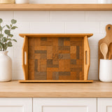Checkered wooden serving tray on kitchen counter