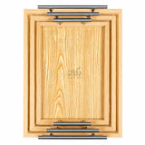 Top view of wooden tray set with metal handles