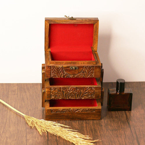 3 step Kashmiri carving wooden jewelry box open