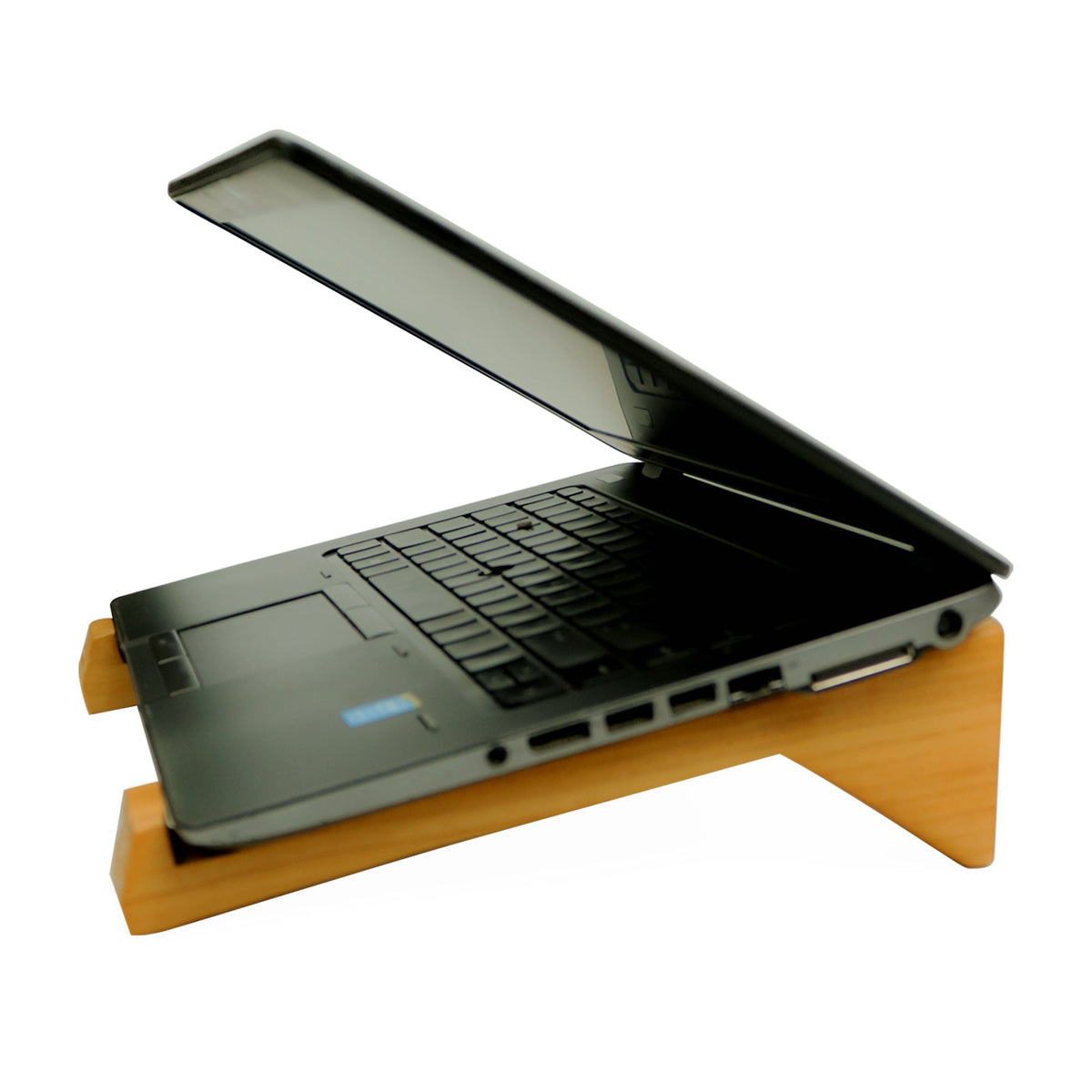 Portable wooden laptop stand with laptop side view