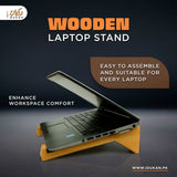 Wooden laptop stand features infographic