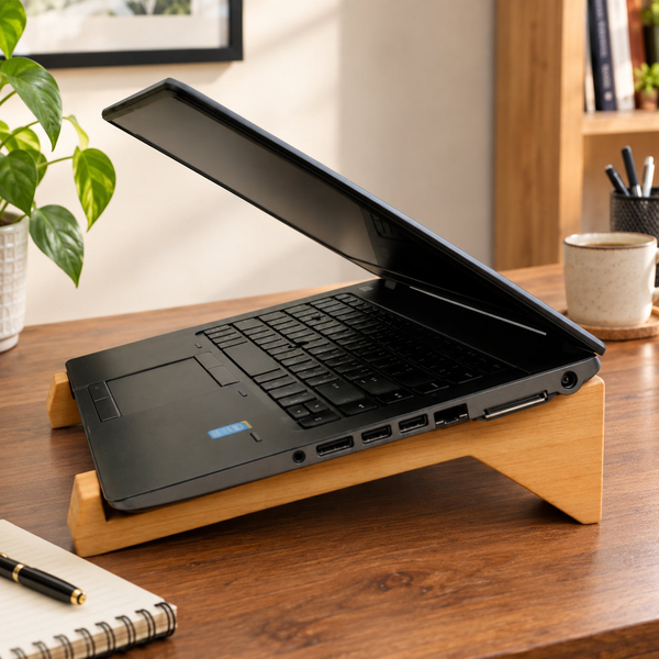 Wooden laptop stand holding laptop on table