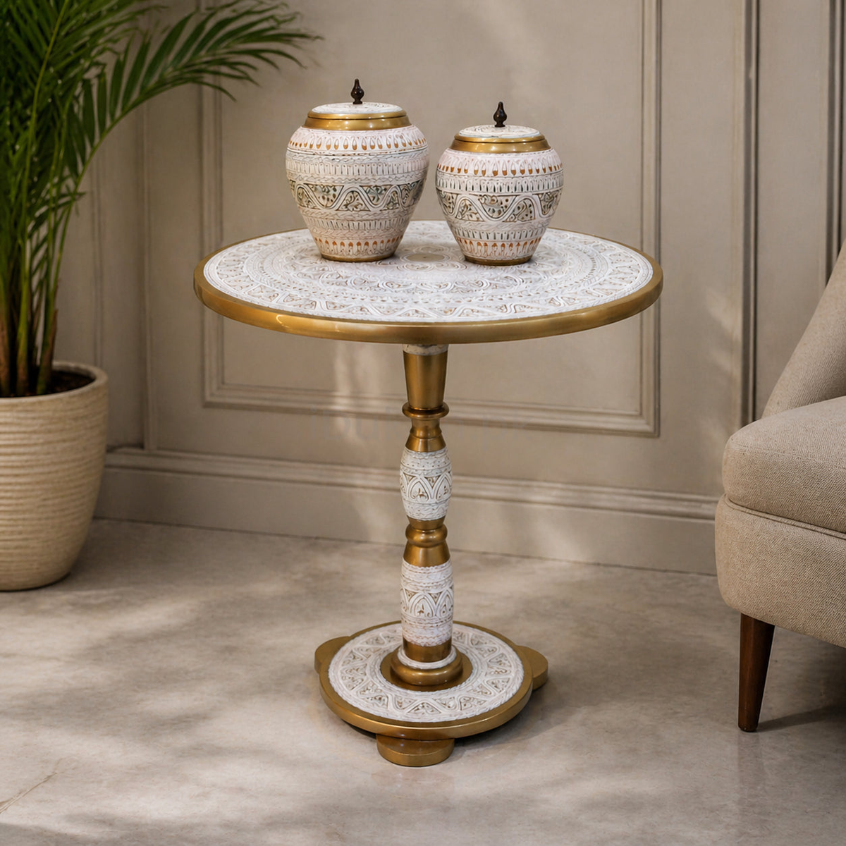 Off white naqashi side table with jars in living room