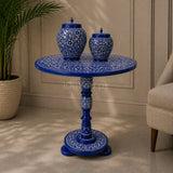 Blue pottery naqashi side table with jars in living room