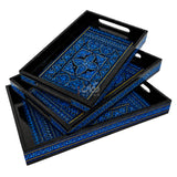 Blue naqshi art hand painted wooden trays stacked