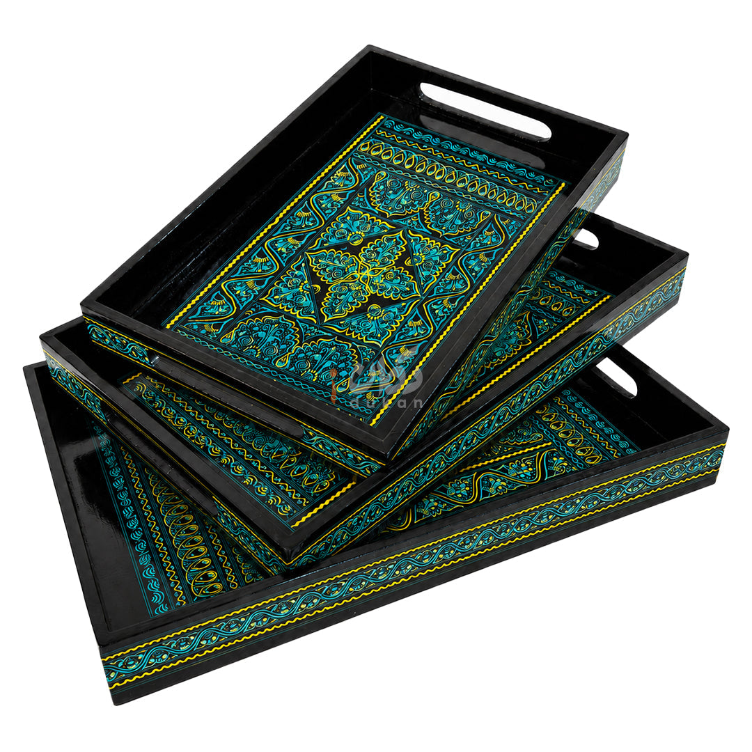 Green naqshi art hand painted wooden trays stacked