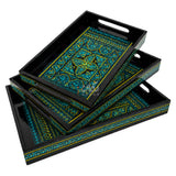 Green naqshi art hand painted wooden trays stacked