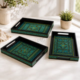 Green naqshi art wooden trays set of 3 on table