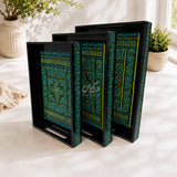 Naqshi art wooden serving tray set of 3 in green color