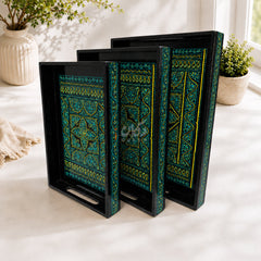 Naqshi Art Wooden Serving Tray Set – Handcrafted for Decorative and Serving - Green