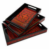 Red naqshi art hand painted wooden trays stacked