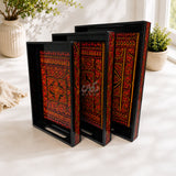 Naqshi art wooden serving tray set of 3 in red color
