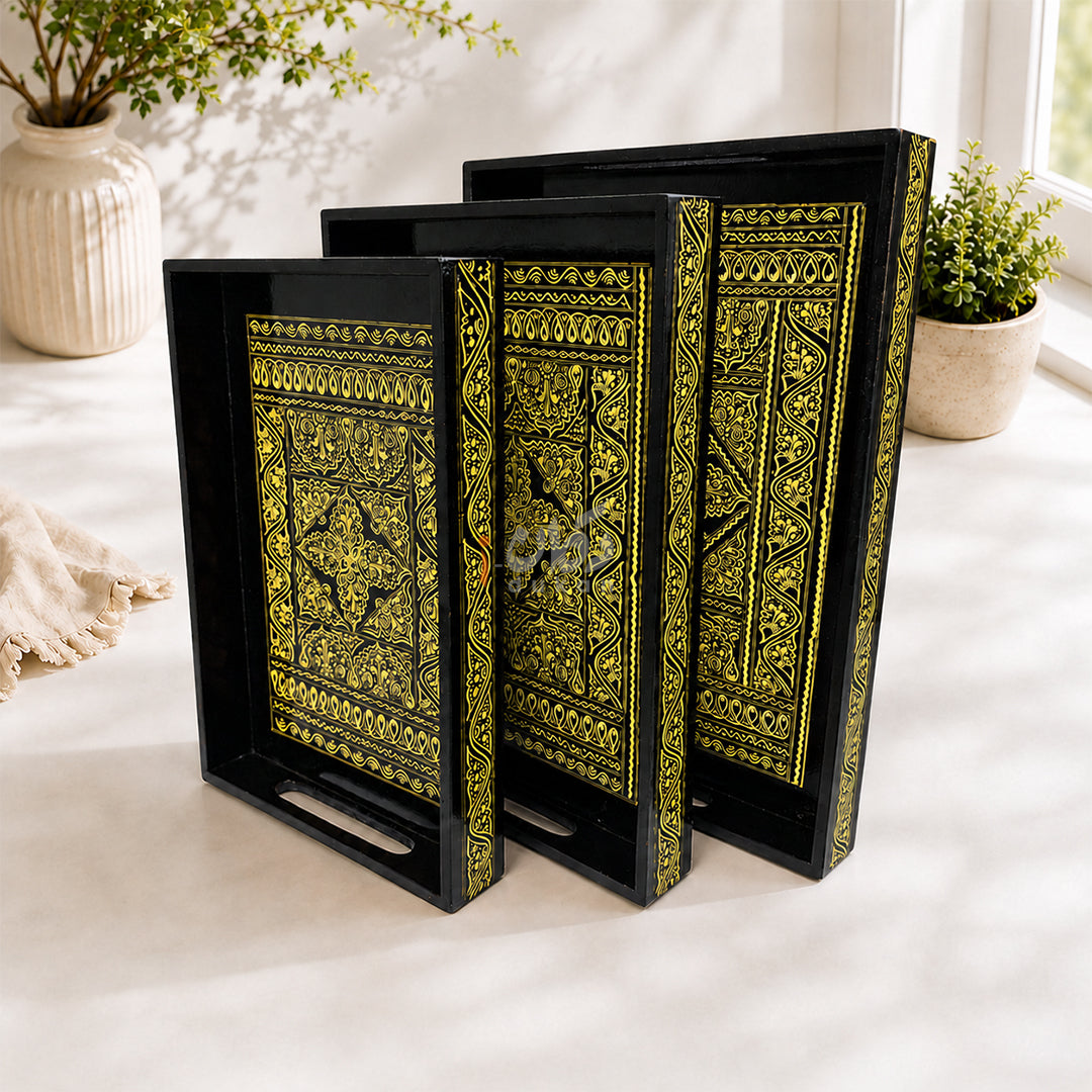 Naqshi art wooden serving tray set of 3 in yellow color